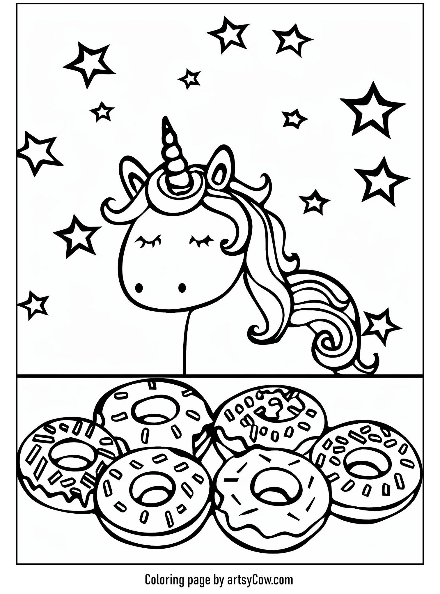 a serene unicorn among twinkling stars and scattered delicious donuts